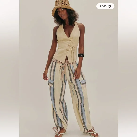 Free People Beige and Blue Striped Pants - Picture 1 of 4